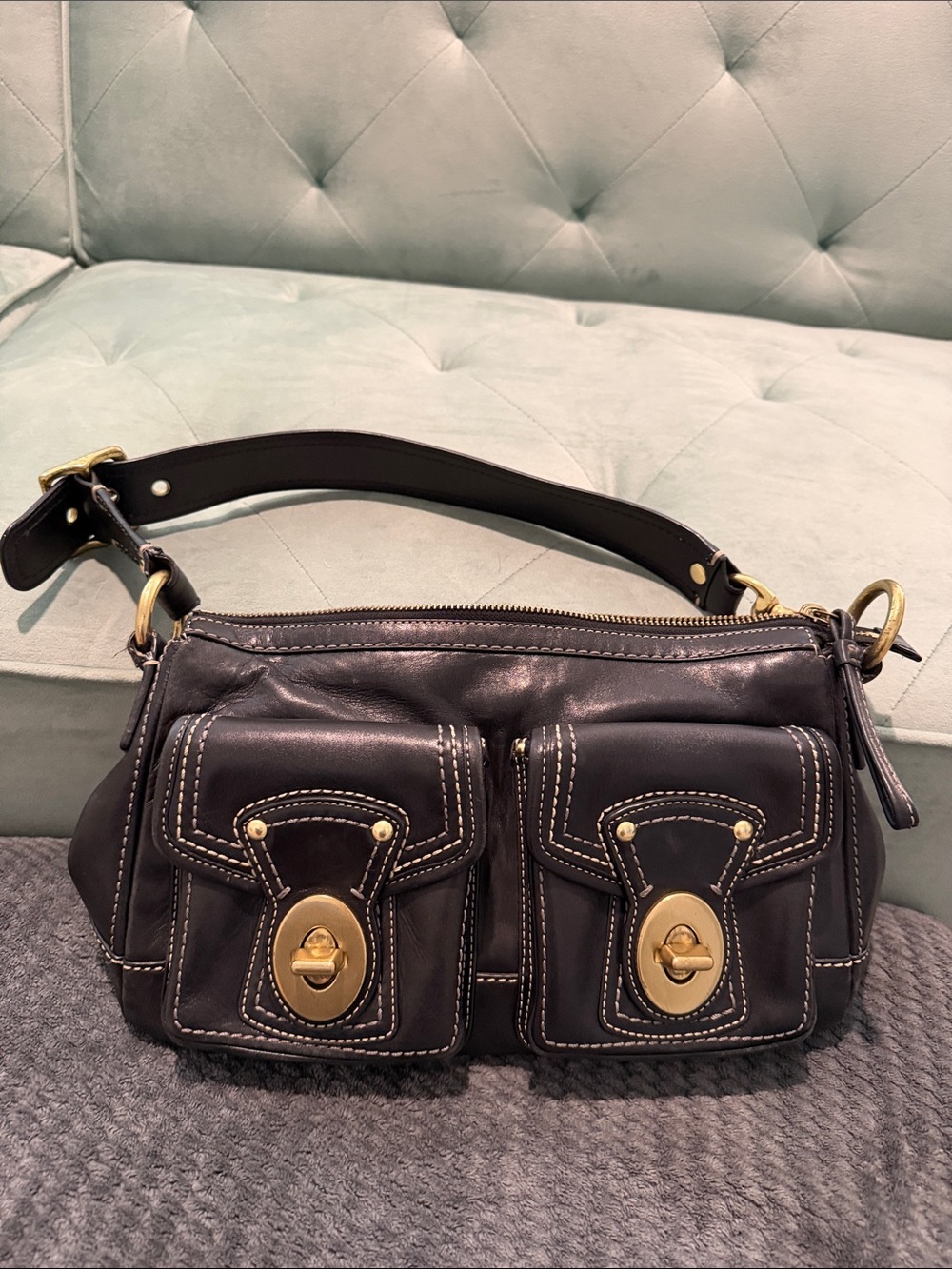 Coach Black Leather Shoulder Bag with Gold-Tone Turn-Lock Pockets - Picture 9 of 9